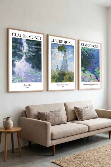 Claude Monet 3'lü Set Empresyonist Sanat Ünlü Eserler Serisi Çerçeveli Tablo Salon ve Ofis Duvar Dekorasyonu - 2