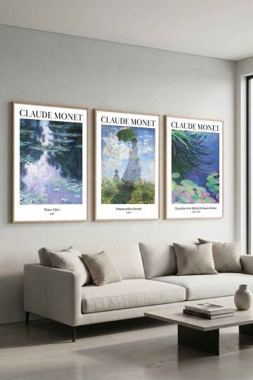 Claude Monet 3'lü Set Empresyonist Sanat Ünlü Eserler Serisi Çerçeveli Tablo Salon ve Ofis Duvar Dekorasyonu - 3