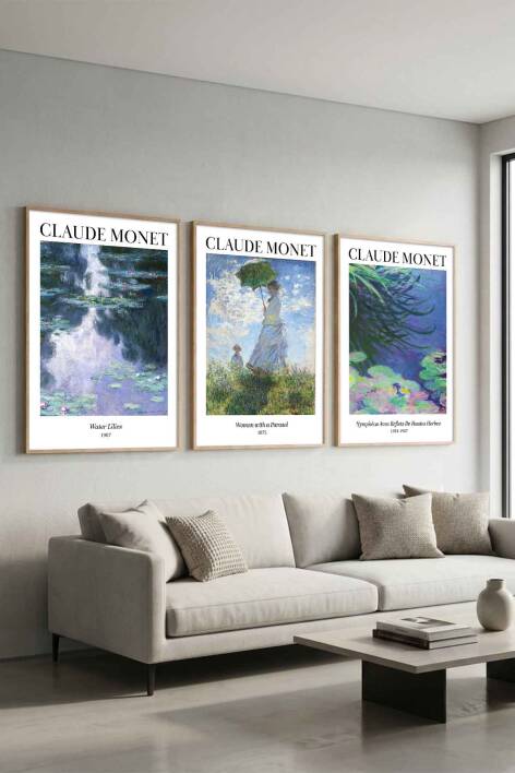 Claude Monet 3'lü Set Empresyonist Sanat Ünlü Eserler Serisi Çerçeveli Tablo Salon ve Ofis Duvar Dekorasyonu - 3