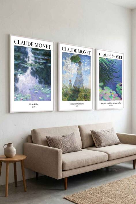 Claude Monet 3'lü Set Empresyonist Sanat Ünlü Eserler Serisi Çerçeveli Tablo Salon ve Ofis Duvar Dekorasyonu - 5