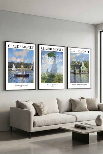 Claude Monet Empresyonist Sanat Seti 3'lü Ünlü Sanat Eseri Serisi Çerçeveli Tablo Dekoratif Duvar Sanatı - 9
