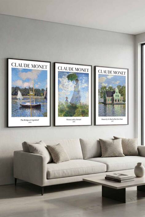 Claude Monet Empresyonist Sanat Seti 3'lü Ünlü Sanat Eseri Serisi Çerçeveli Tablo Dekoratif Duvar Sanatı - 9