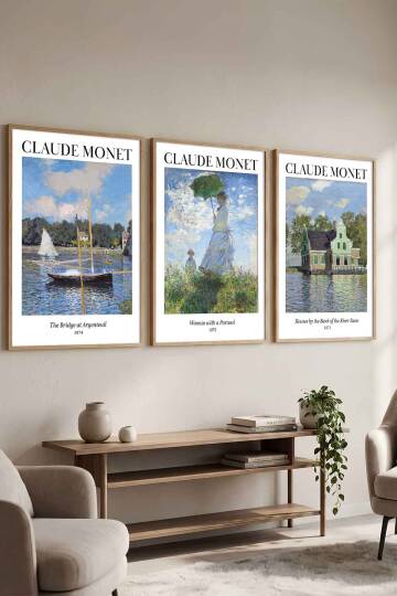 Claude Monet Empresyonist Sanat Seti 3'lü Ünlü Sanat Eseri Serisi Çerçeveli Tablo Dekoratif Duvar Sanatı Doğal Ahşap