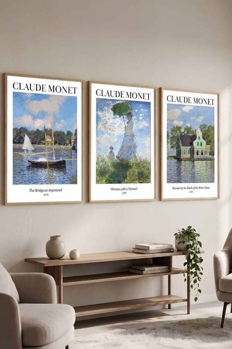 Claude Monet Empresyonist Sanat Seti 3'lü Ünlü Sanat Eseri Serisi Çerçeveli Tablo Dekoratif Duvar Sanatı - 4