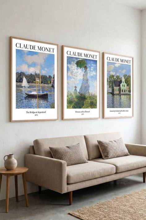 Claude Monet Empresyonist Sanat Seti 3'lü Ünlü Sanat Eseri Serisi Çerçeveli Tablo Dekoratif Duvar Sanatı - 5