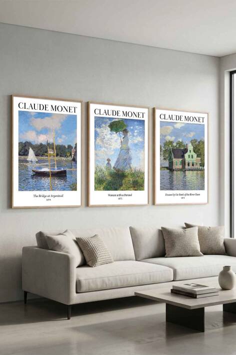 Claude Monet Empresyonist Sanat Seti 3'lü Ünlü Sanat Eseri Serisi Çerçeveli Tablo Dekoratif Duvar Sanatı - 6