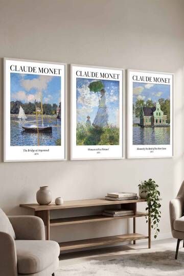 Claude Monet Empresyonist Sanat Seti 3'lü Ünlü Sanat Eseri Serisi Çerçeveli Tablo Dekoratif Duvar Sanatı Beyaz