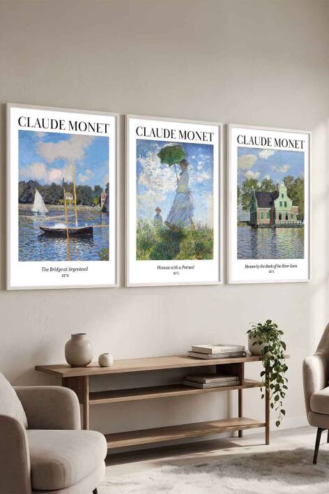 Claude Monet Empresyonist Sanat Seti 3'lü Ünlü Sanat Eseri Serisi Çerçeveli Tablo Dekoratif Duvar Sanatı - 1