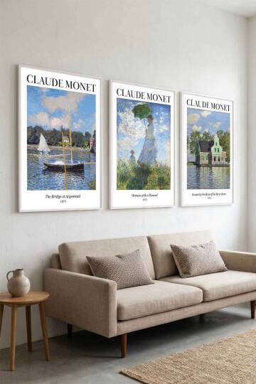 Claude Monet Empresyonist Sanat Seti 3'lü Ünlü Sanat Eseri Serisi Çerçeveli Tablo Dekoratif Duvar Sanatı - 2
