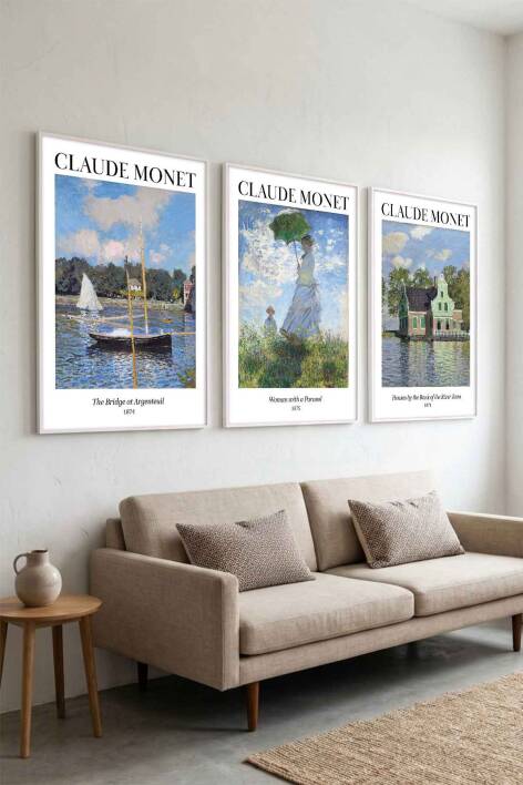 Claude Monet Empresyonist Sanat Seti 3'lü Ünlü Sanat Eseri Serisi Çerçeveli Tablo Dekoratif Duvar Sanatı - 2
