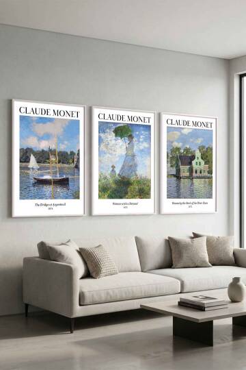Claude Monet Empresyonist Sanat Seti 3'lü Ünlü Sanat Eseri Serisi Çerçeveli Tablo Dekoratif Duvar Sanatı - 3