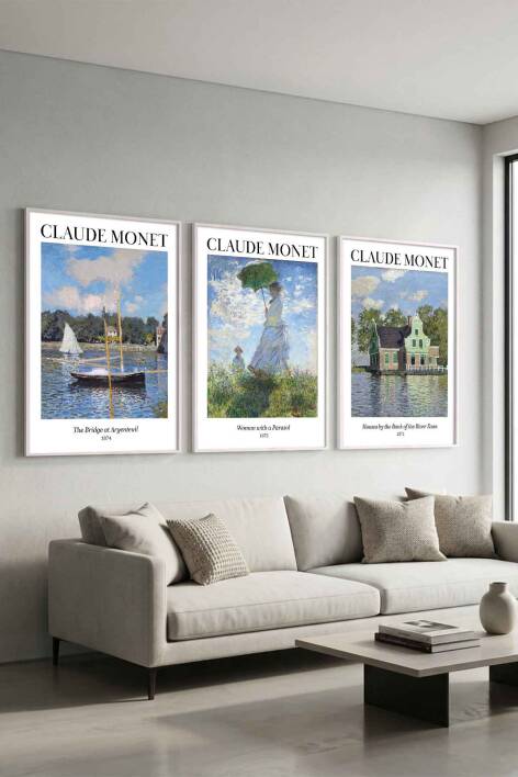 Claude Monet Empresyonist Sanat Seti 3'lü Ünlü Sanat Eseri Serisi Çerçeveli Tablo Dekoratif Duvar Sanatı - 3