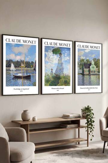 Claude Monet Empresyonist Sanat Seti 3'lü Ünlü Sanat Eseri Serisi Çerçeveli Tablo Dekoratif Duvar Sanatı Siyah