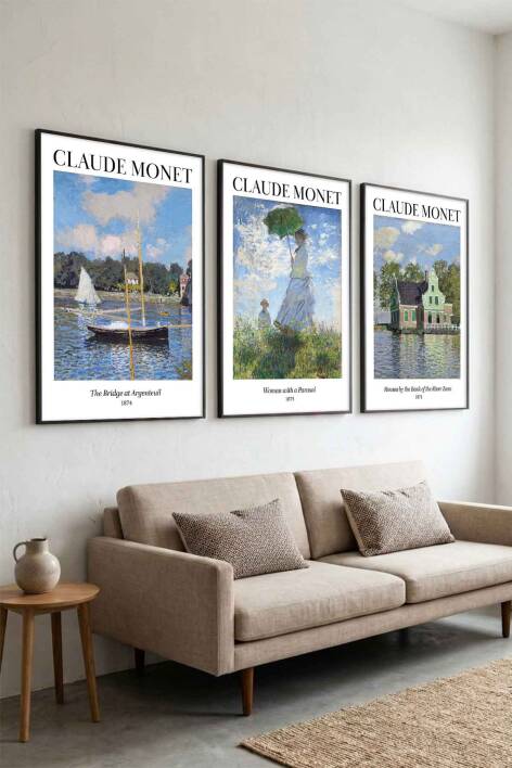 Claude Monet Empresyonist Sanat Seti 3'lü Ünlü Sanat Eseri Serisi Çerçeveli Tablo Dekoratif Duvar Sanatı - 8