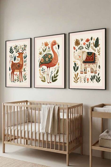Çocuk Odası 3'lü Set Boho Hayvanlar Figürlü Çerçeveli Tablo Bebek Odası Duvar Dekorasyonu - 4