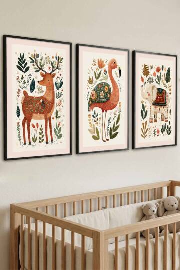 Çocuk Odası 3'lü Set Boho Hayvanlar Figürlü Çerçeveli Tablo Bebek Odası Duvar Dekorasyonu - 5