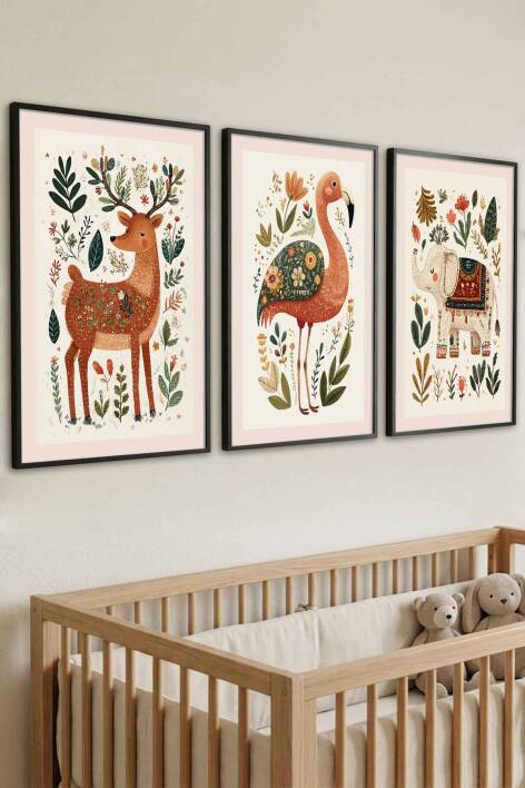 Çocuk Odası 3'lü Set Boho Hayvanlar Figürlü Çerçeveli Tablo Bebek Odası Duvar Dekorasyonu - 5