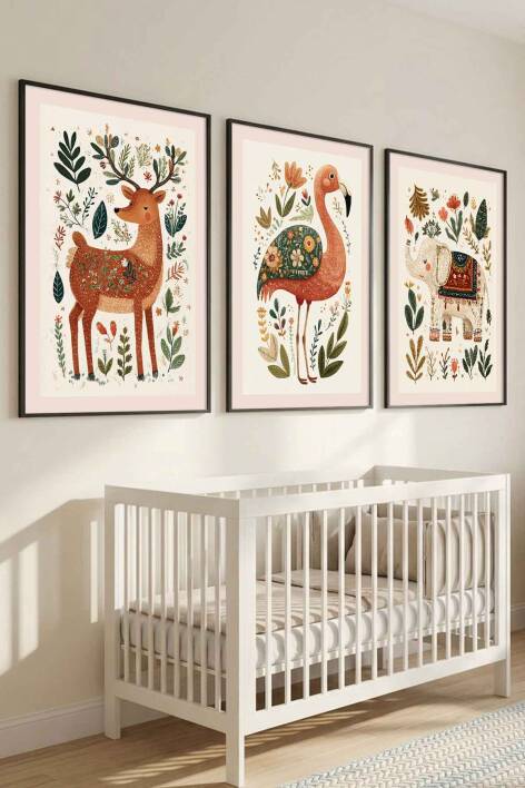 Çocuk Odası 3'lü Set Boho Hayvanlar Figürlü Çerçeveli Tablo Bebek Odası Duvar Dekorasyonu - 7