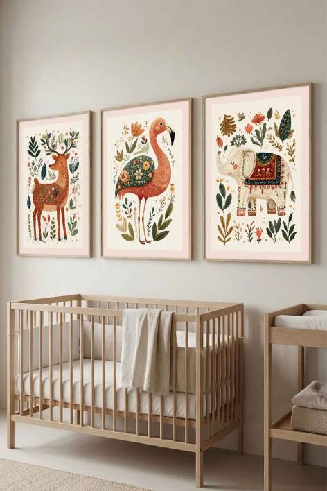 Çocuk Odası 3'lü Set Boho Hayvanlar Figürlü Çerçeveli Tablo Bebek Odası Duvar Dekorasyonu - 1