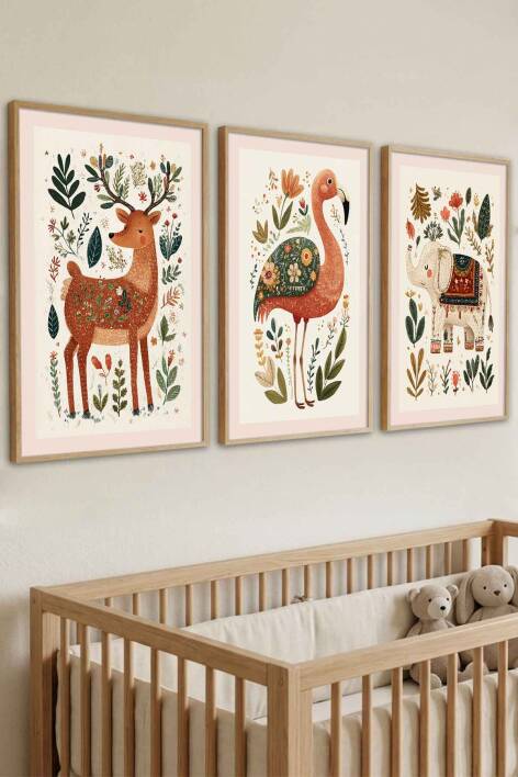 Çocuk Odası 3'lü Set Boho Hayvanlar Figürlü Çerçeveli Tablo Bebek Odası Duvar Dekorasyonu - 2