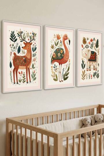 Çocuk Odası 3'lü Set Boho Hayvanlar Figürlü Çerçeveli Tablo Bebek Odası Duvar Dekorasyonu - 8