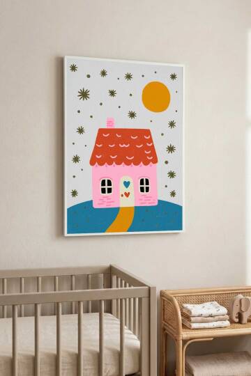 Çocuk Odası İllüstrasyon Pembe Ev Temalı Çerçeveli Tablo Bebek Odası Dekoru - 5