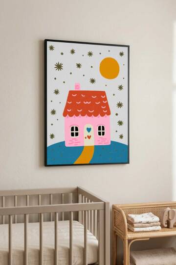 Çocuk Odası İllüstrasyon Pembe Ev Temalı Çerçeveli Tablo Bebek Odası Dekoru - 8