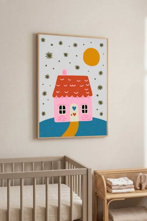 Çocuk Odası İllüstrasyon Pembe Ev Temalı Çerçeveli Tablo Bebek Odası Dekoru - 2