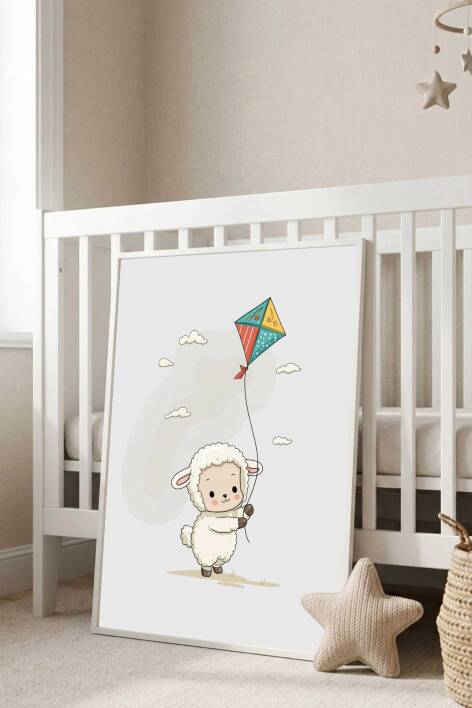 Çocuk Odası Uçurtmalı Kuzu İllüstrasyon Çerçeveli Tablo Bebek Odası Dekoru - 7