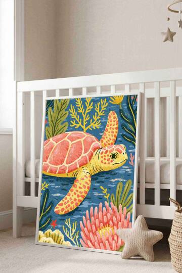 Dekoratif Deniz Kaplumbağası Temalı Çerçeveli Bebek ve Çocuk Odası Tablosu Beyaz