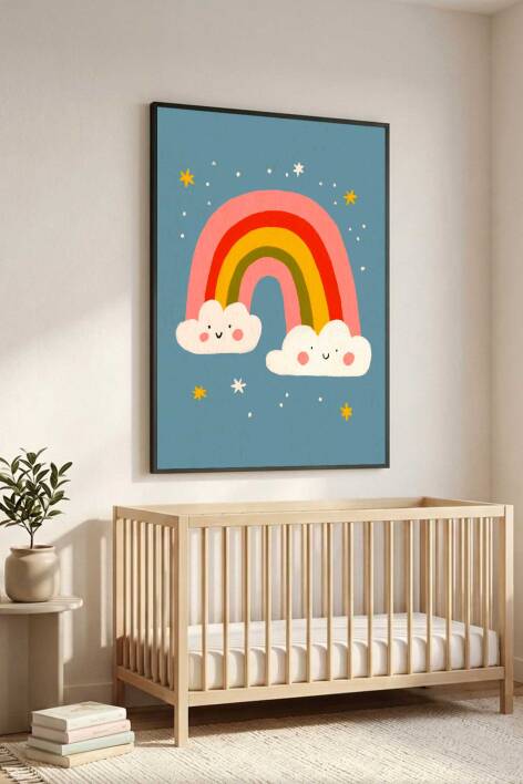 Gökkuşağı ve Gülen Bulut Figürlü Çocuk Odası Çerçeveli Tablo Bebek Odası Dekorasyonu - 9