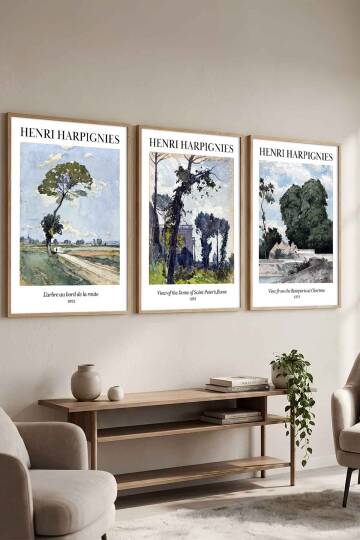 Henri Harpignies 3'lü Set Manzara ve Ünlü Sanat Eserleri Çerçeveli Tablo Salon ve Ofis Dekorasyonu
