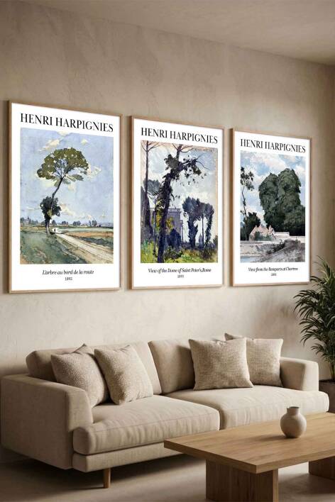 Henri Harpignies 3'lü Set Manzara ve Ünlü Sanat Eserleri Çerçeveli Tablo Salon ve Ofis Dekorasyonu - 2