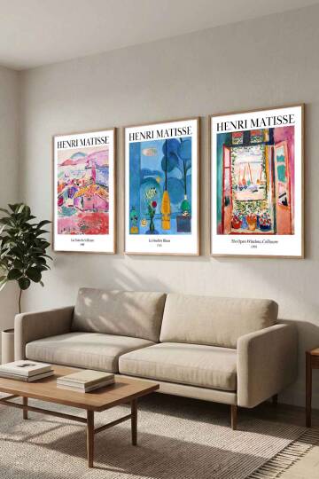 Henri Matisse 3'lü Ünlü Tablo Sanat Eseri Serisi Çerçeveli Tablo Salon ve Ofis Duvar Dekoru - 9