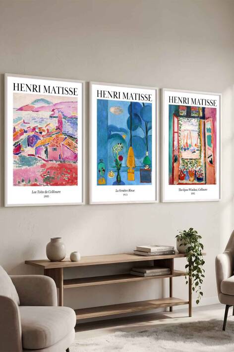 Henri Matisse 3'lü Ünlü Tablo Sanat Eseri Serisi Çerçeveli Tablo Salon ve Ofis Duvar Dekoru - 4