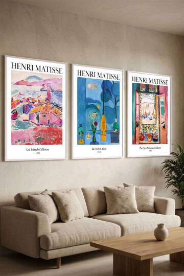 Henri Matisse 3'lü Ünlü Tablo Sanat Eseri Serisi Çerçeveli Tablo Salon ve Ofis Duvar Dekoru - 5