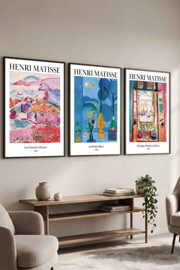 Henri Matisse 3'lü Ünlü Tablo Sanat Eseri Serisi Çerçeveli Tablo Salon ve Ofis Duvar Dekoru Siyah