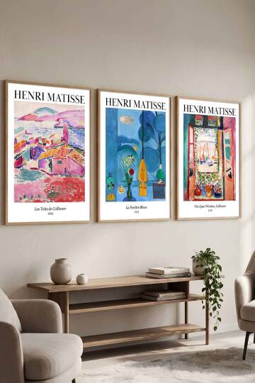 Henri Matisse 3'lü Ünlü Tablo Sanat Eseri Serisi Çerçeveli Tablo Salon ve Ofis Duvar Dekoru Doğal Ahşap
