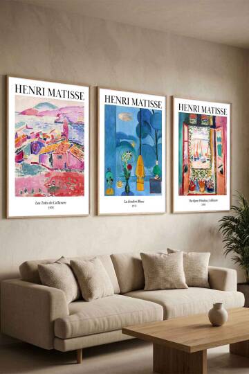 Henri Matisse 3'lü Ünlü Tablo Sanat Eseri Serisi Çerçeveli Tablo Salon ve Ofis Duvar Dekoru - 8