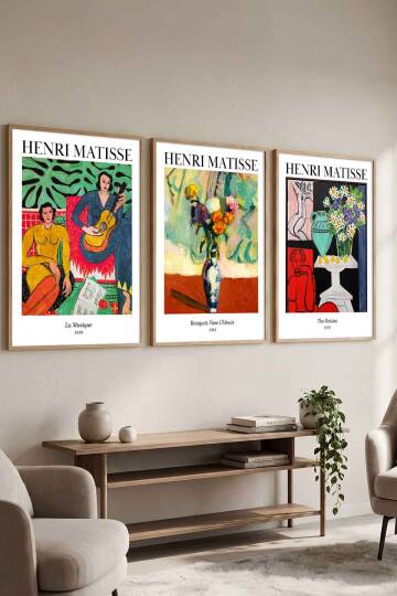 Henri Matisse Ünlü Sanat Eseri Serisi 3'lü Çerçeveli Tablo Seti Modern Salon ve Ofis Dekorasyonu Doğal Ahşap
