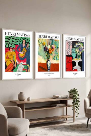 Henri Matisse Ünlü Sanat Eseri Serisi 3'lü Çerçeveli Tablo Seti Modern Salon ve Ofis Dekorasyonu Beyaz