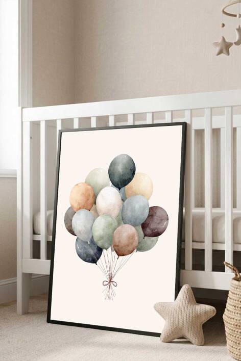 İskandinav Tarzı Suluboya Balon Desenli Çerçeveli Tablo Bebek ve Çocuk Odası Duvar Dekoru - 4