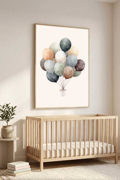 İskandinav Tarzı Suluboya Balon Desenli Çerçeveli Tablo Bebek ve Çocuk Odası Duvar Dekoru - 3
