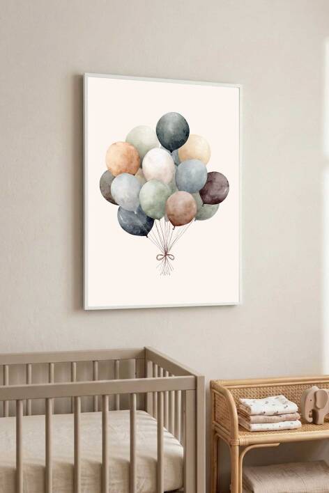 İskandinav Tarzı Suluboya Balon Desenli Çerçeveli Tablo Bebek ve Çocuk Odası Duvar Dekoru - 8
