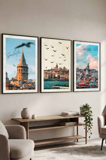 İstanbul Galata Kulesi Temalı 3 Parça Çerçeveli Tablo Seti Salon ve Ofis Duvar Dekoru Siyah