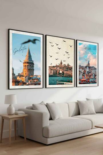 İstanbul Galata Kulesi Temalı 3 Parça Çerçeveli Tablo Seti Salon ve Ofis Duvar Dekoru - 5