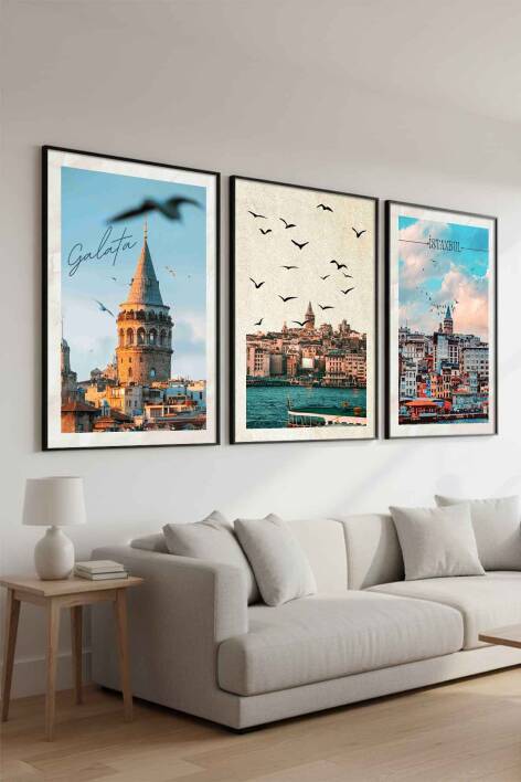 İstanbul Galata Kulesi Temalı 3 Parça Çerçeveli Tablo Seti Salon ve Ofis Duvar Dekoru - 5