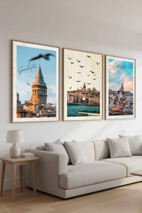 İstanbul Galata Kulesi Temalı 3 Parça Çerçeveli Tablo Seti Salon ve Ofis Duvar Dekoru - 8