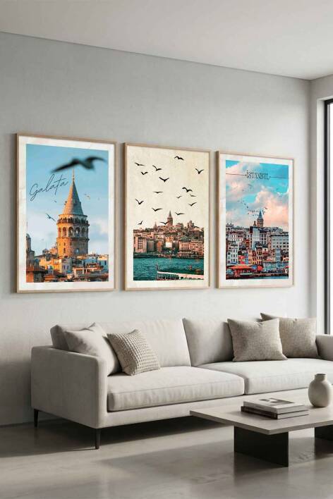 İstanbul Galata Kulesi Temalı 3 Parça Çerçeveli Tablo Seti Salon ve Ofis Duvar Dekoru - 9