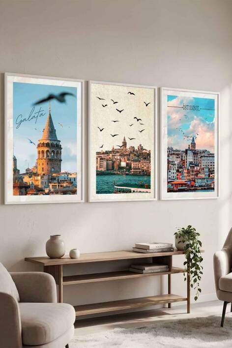 İstanbul Galata Kulesi Temalı 3 Parça Çerçeveli Tablo Seti Salon ve Ofis Duvar Dekoru - 2